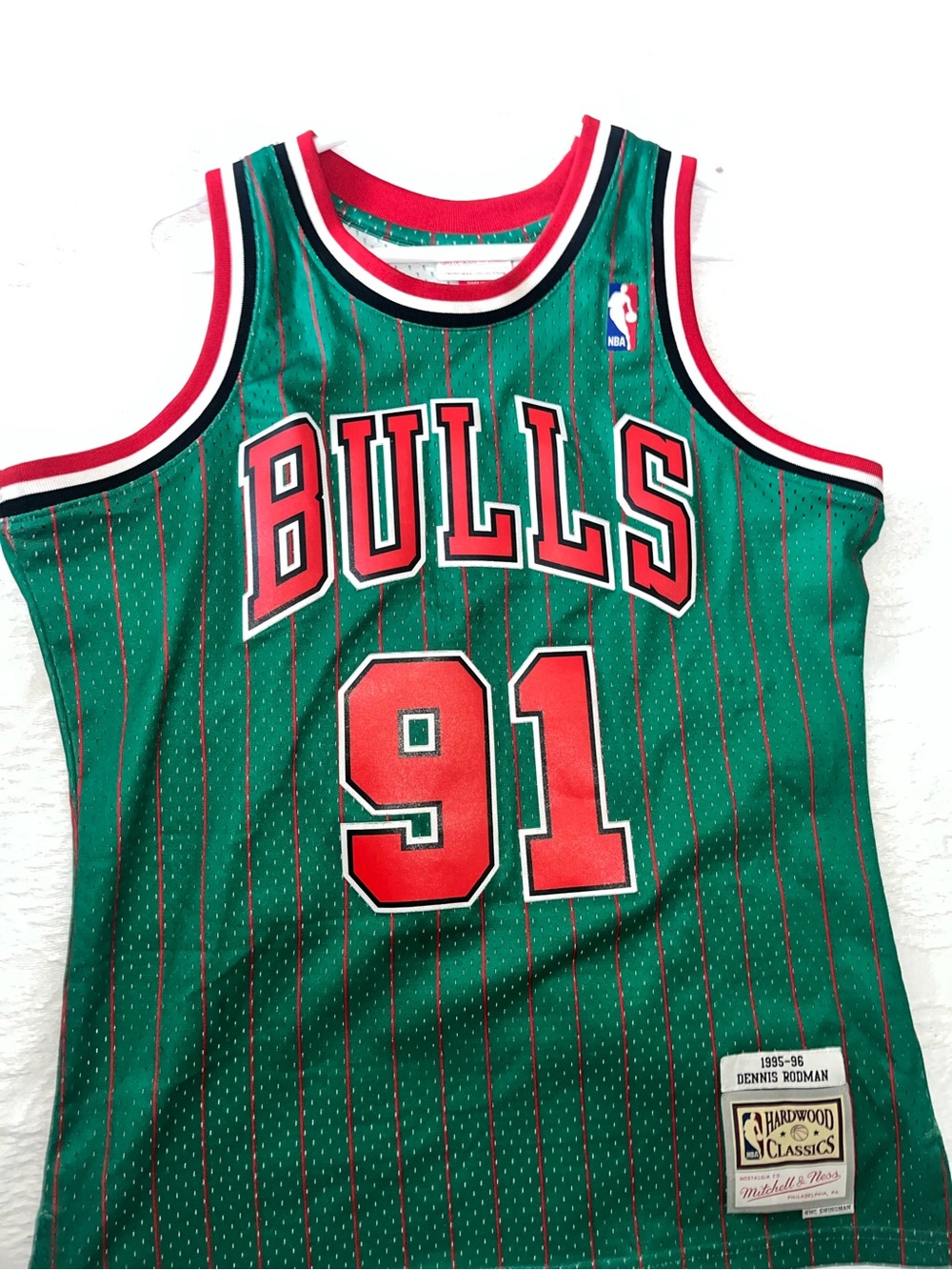 Mitchell & Ness Green and Red Pinstripe Hardwood Classics Jersey